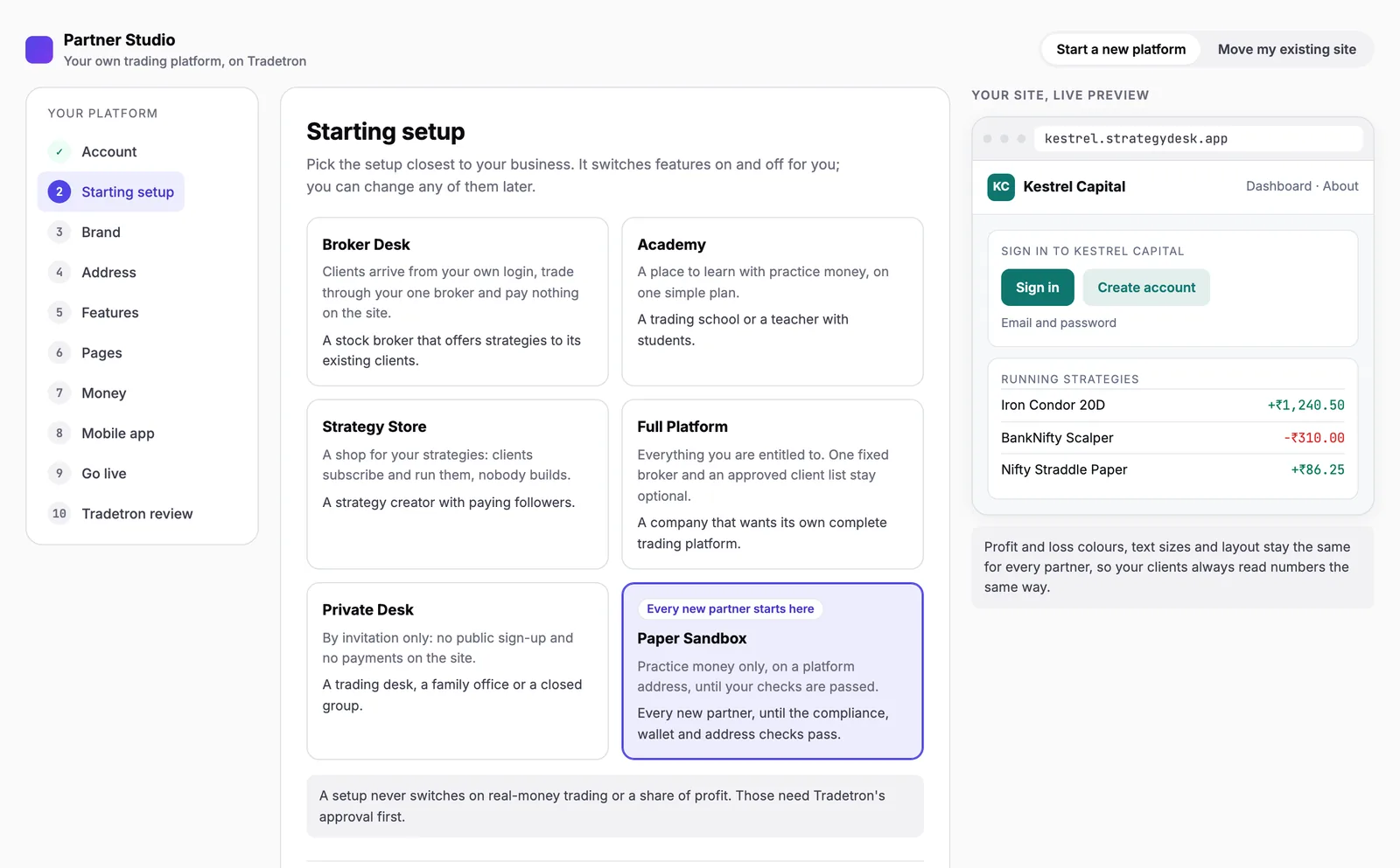 Partner Studio, starting setup screen: a list of starting setups with a live preview of the partner's site on the right.